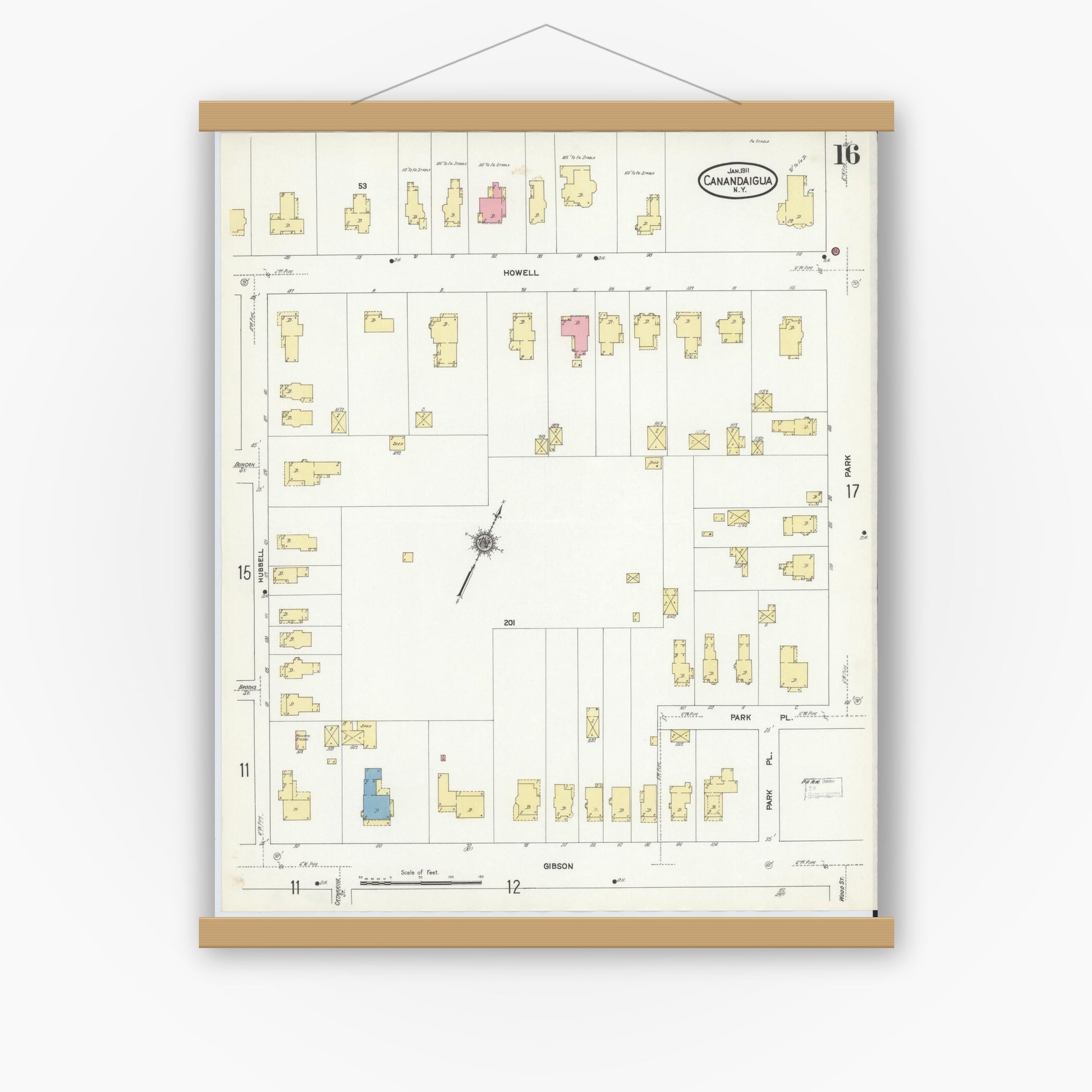 Old map wall art mockup — magnetic wood frame on white wall — Sanborn Fire Insurance Map from Canandaigua, Ontario County, New York (1911), Sheet #0016