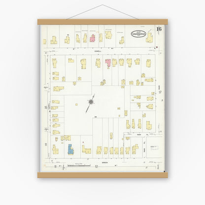 Old map wall art mockup — magnetic wood frame on white wall — Sanborn Fire Insurance Map from Canandaigua, Ontario County, New York (1911), Sheet #0016