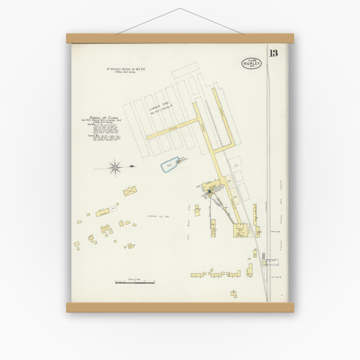 Old map wall art mockup — magnetic wood frame on white wall — Sanborn Fire Insurance Map from Hurley, Iron County, Wisconsin (1898), Sheet #0013