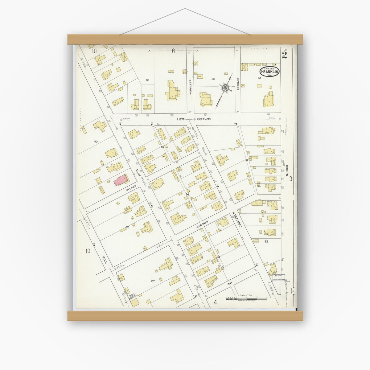 Old map wall art mockup — magnetic wood frame on white wall — Sanborn Fire Insurance Map from Franklin, Independent Cities, Virginia (1917), Sheet #0002