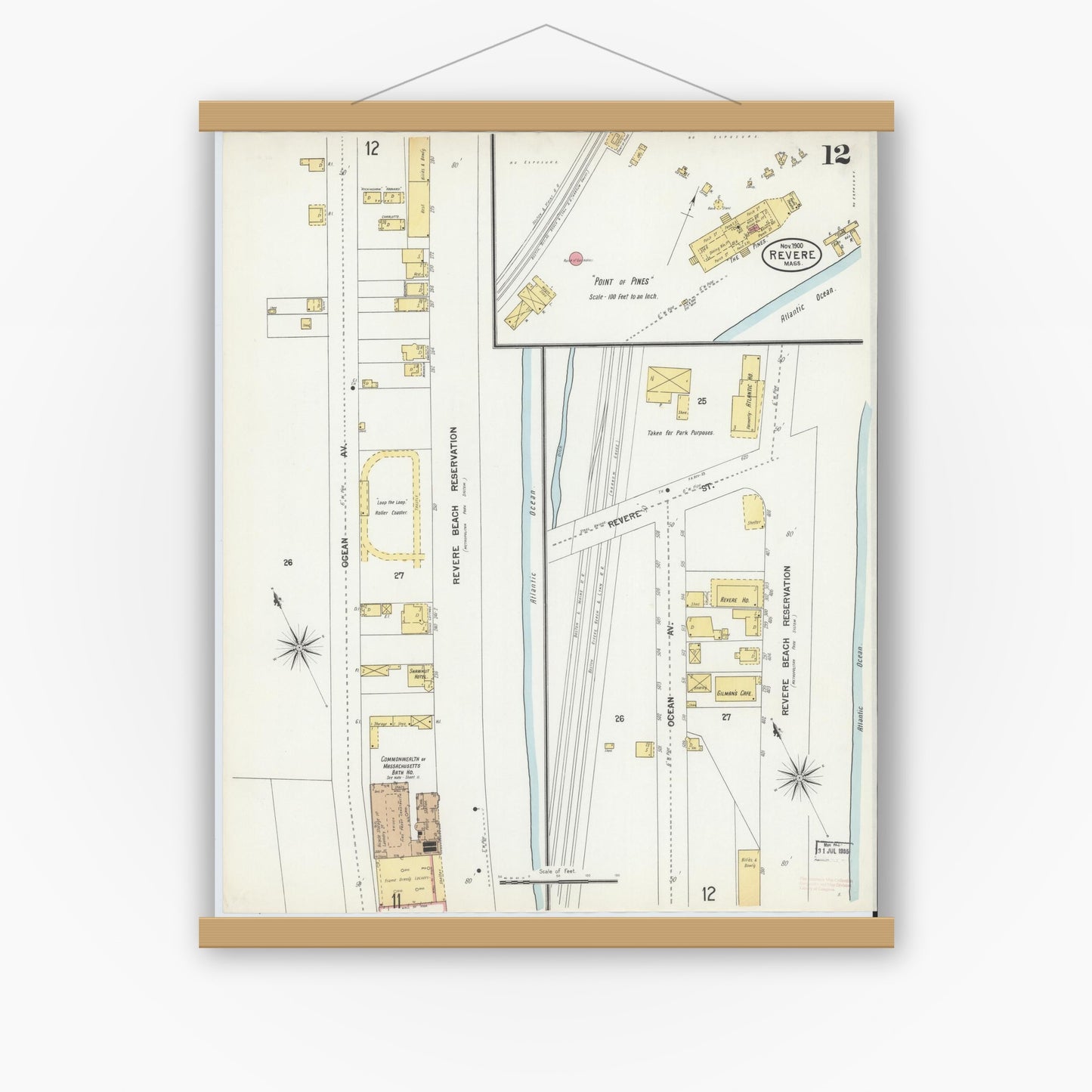 Old map wall art mockup — magnetic wood frame on white wall — Sanborn Fire Insurance Map from Revere, Suffolk County, Massachusetts (1900), Sheet #0012