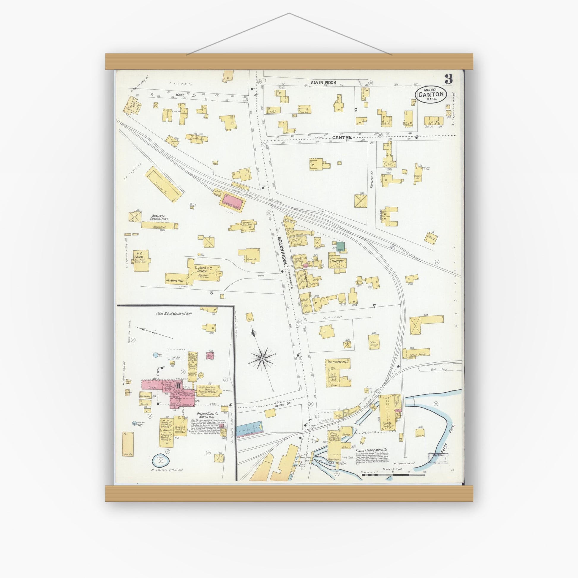 Old map wall art mockup — magnetic wood frame on white wall — Sanborn Fire Insurance Map from Canton, Norfolk County, Massachusetts (1901), Sheet #0003