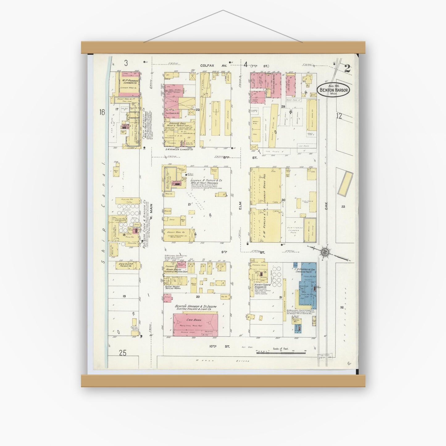 Old map wall art mockup — magnetic wood frame on white wall — Sanborn Fire Insurance Map from Benton Harbor, Berrien County, Michigan (1911), Sheet #0002