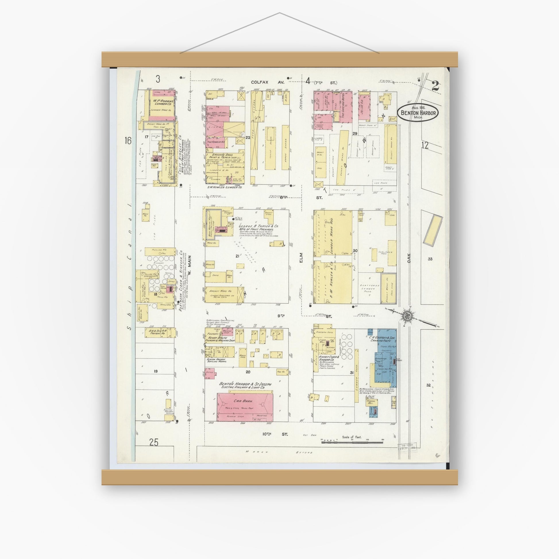 Old map wall art mockup — magnetic wood frame on white wall — Sanborn Fire Insurance Map from Benton Harbor, Berrien County, Michigan (1911), Sheet #0002