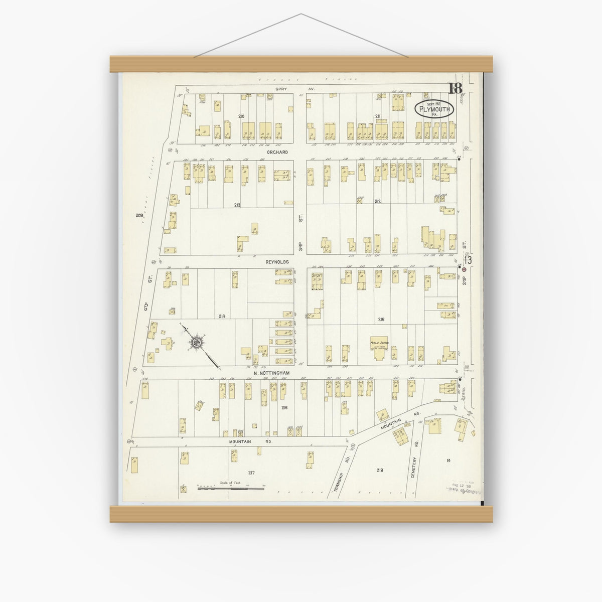 Old map wall art mockup — magnetic wood frame on white wall — Sanborn Fire Insurance Map from Plymouth, Luzerne County, Pennsylvania (1912), Sheet #0018