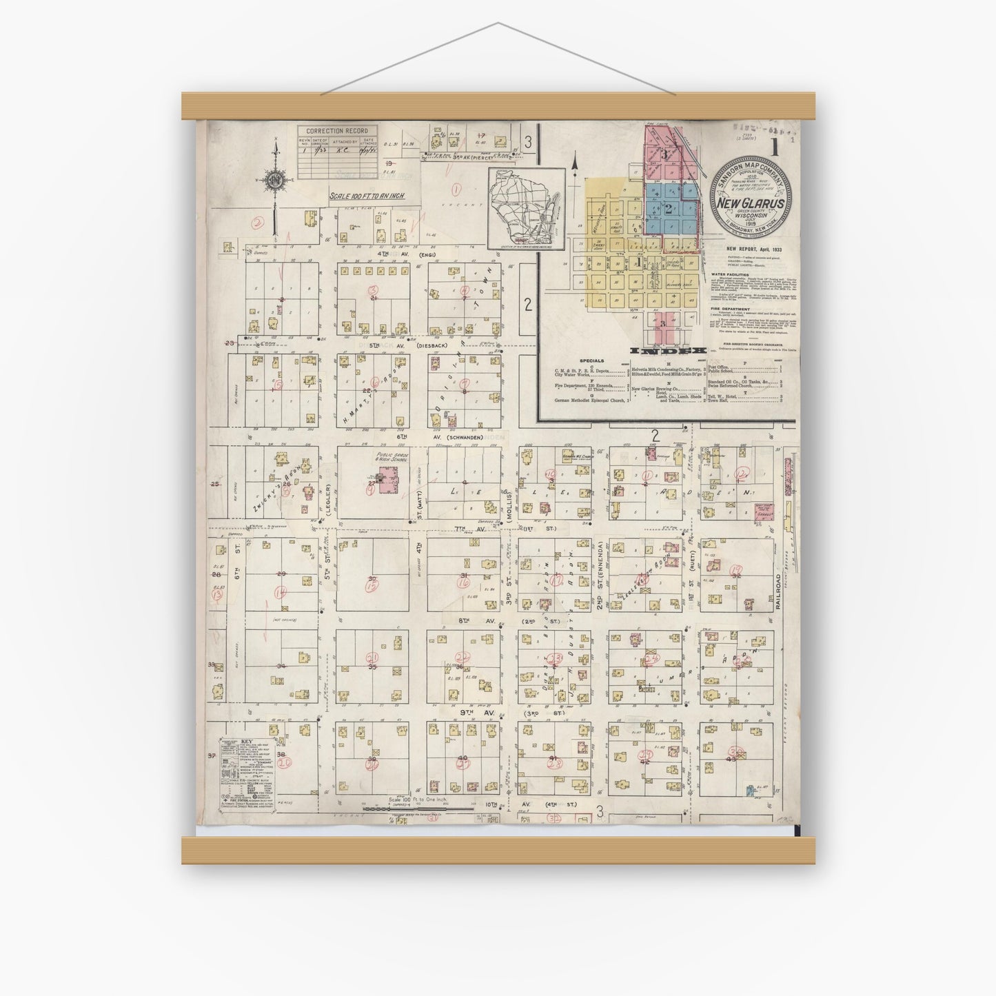 Old map wall art mockup — magnetic wood frame on white wall — Sanborn Fire Insurance Map from New Glarus, Green County, Wisconsin (1933) - Complete Map Set
