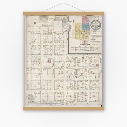 Old map wall art mockup — magnetic wood frame on white wall — Sanborn Fire Insurance Map from New Glarus, Green County, Wisconsin (1933) - Complete Map Set