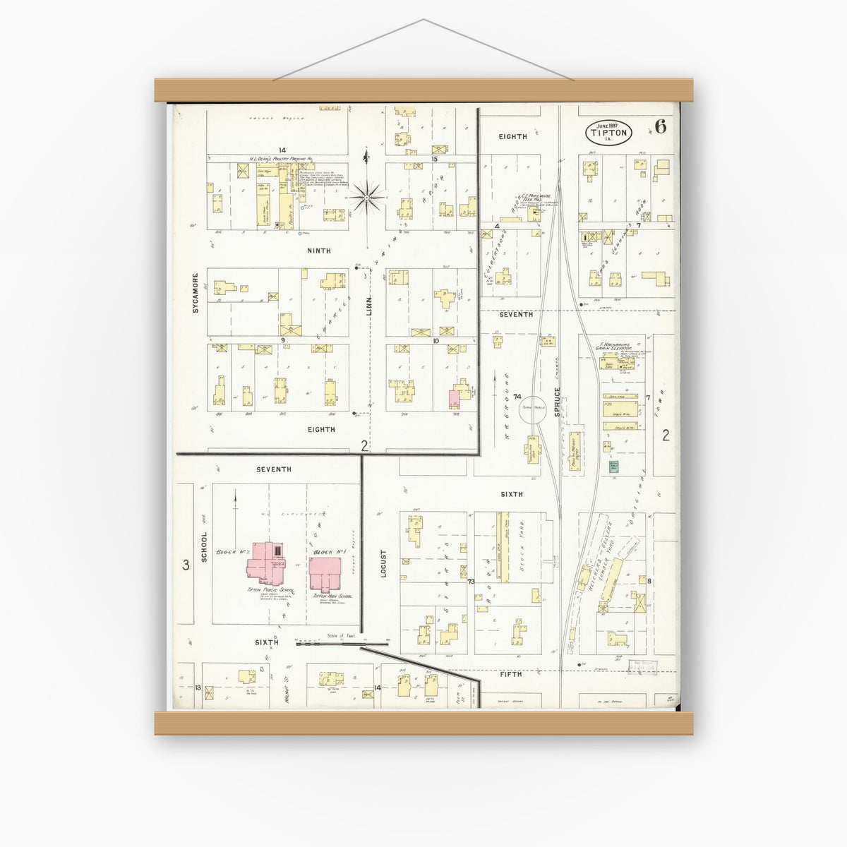 Old map wall art mockup — magnetic wood frame on white wall — Sanborn Fire Insurance Map from Tipton, Cedar County, Iowa (1897), Sheet #0006