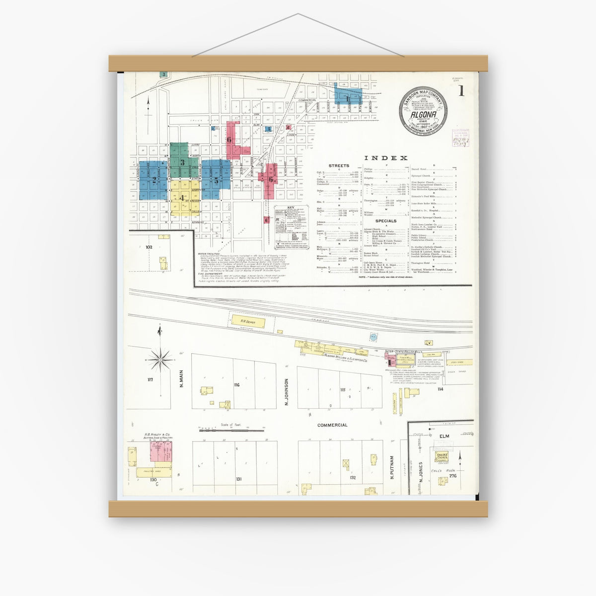 Old map wall art mockup — magnetic wood frame on white wall — Sanborn Fire Insurance Map from Algona, Kossuth County, Iowa (1907) â€” Complete Set