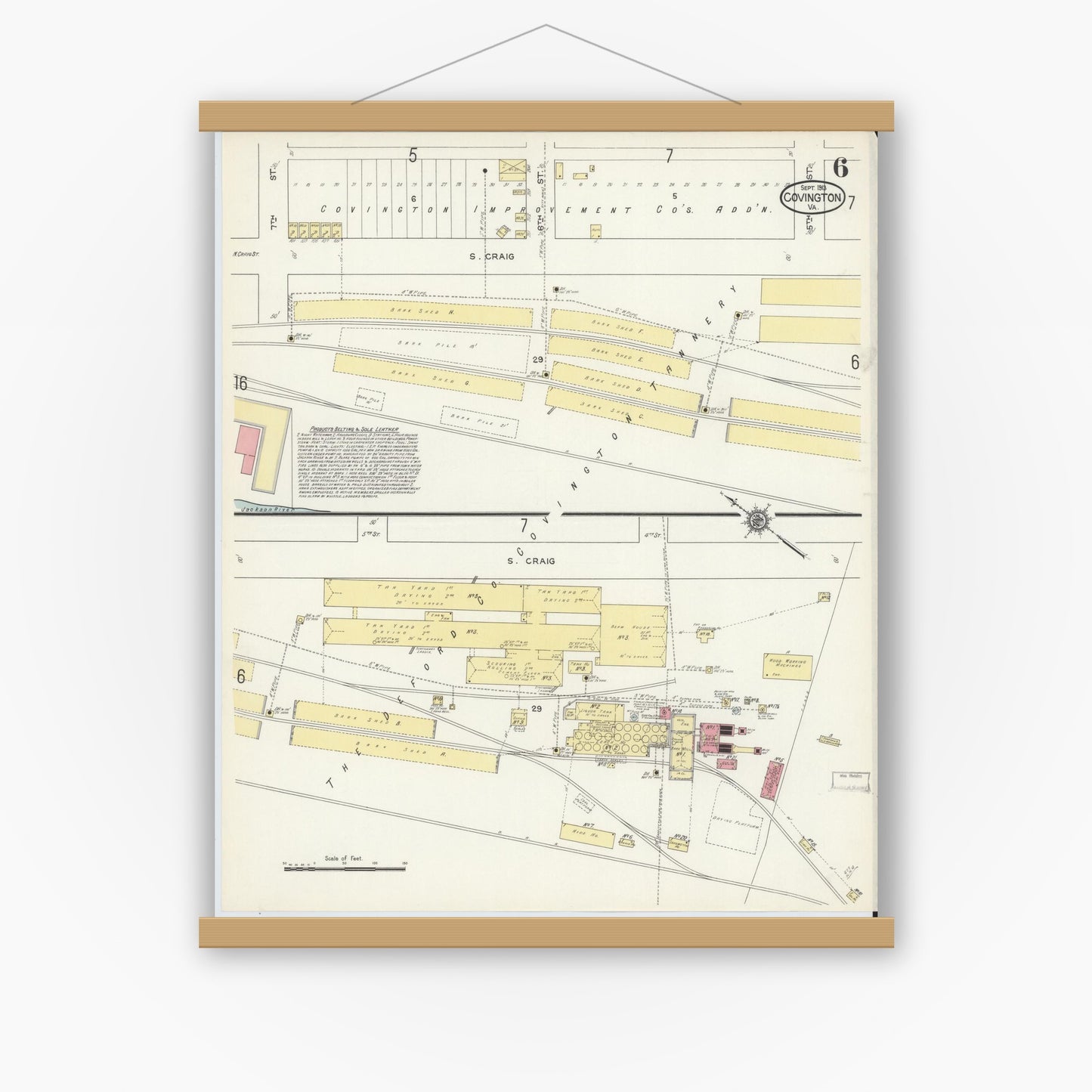 Old map wall art mockup — magnetic wood frame on white wall — Sanborn Fire Insurance Map from Covington, Independent Cities, Virginia (1913), Sheet #0006