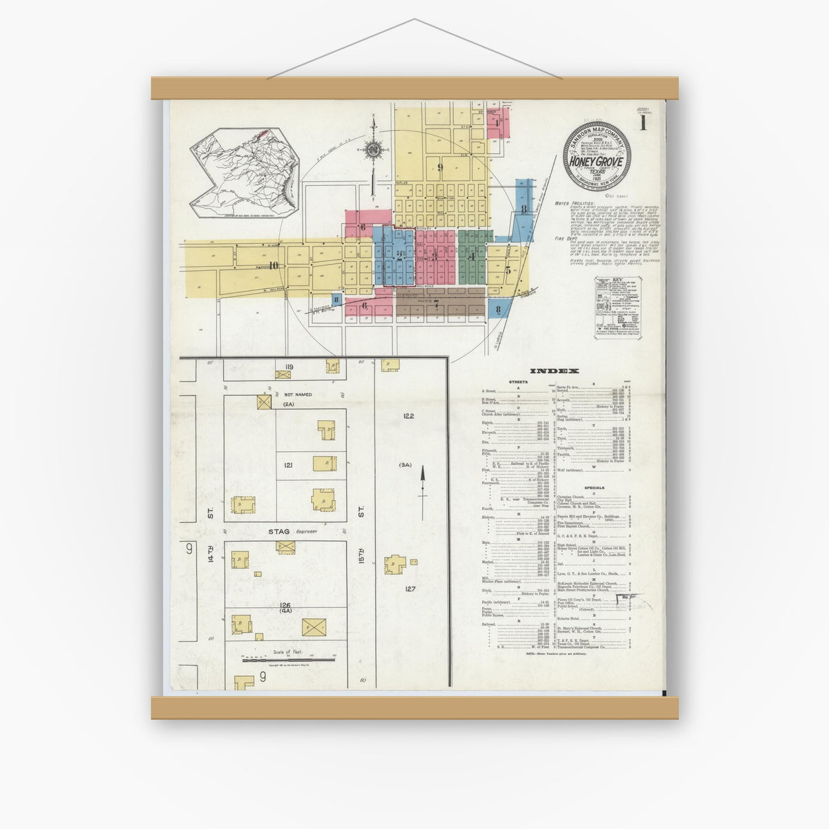 Old map wall art mockup — magnetic wood frame on white wall — Sanborn Fire Insurance Map from Honey Grove, Fannin County, Texas (1921) - Complete Map Set