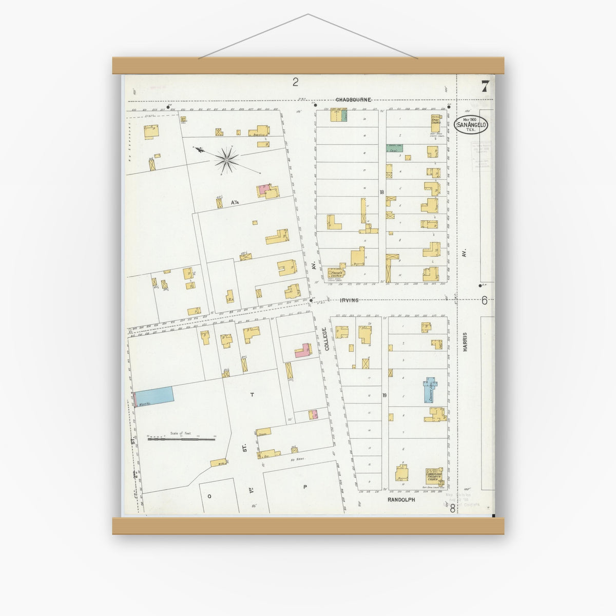 Old map wall art mockup — magnetic wood frame on white wall — Sanborn Fire Insurance Map from San Angelo, Tom Green County, Texas (1900), Sheet #0007