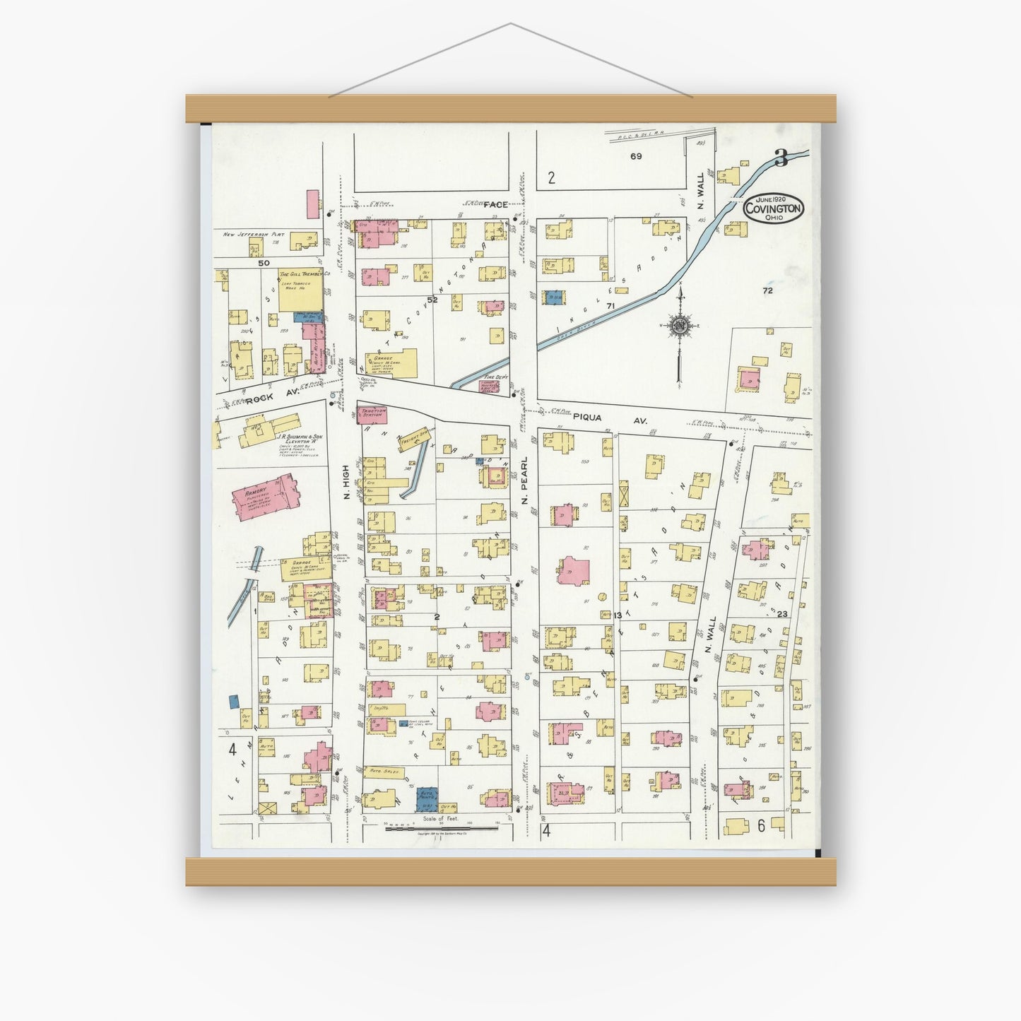Old map wall art mockup — magnetic wood frame on white wall — Sanborn Fire Insurance Map from Covington, Miami County, Ohio (1920), Sheet #0003