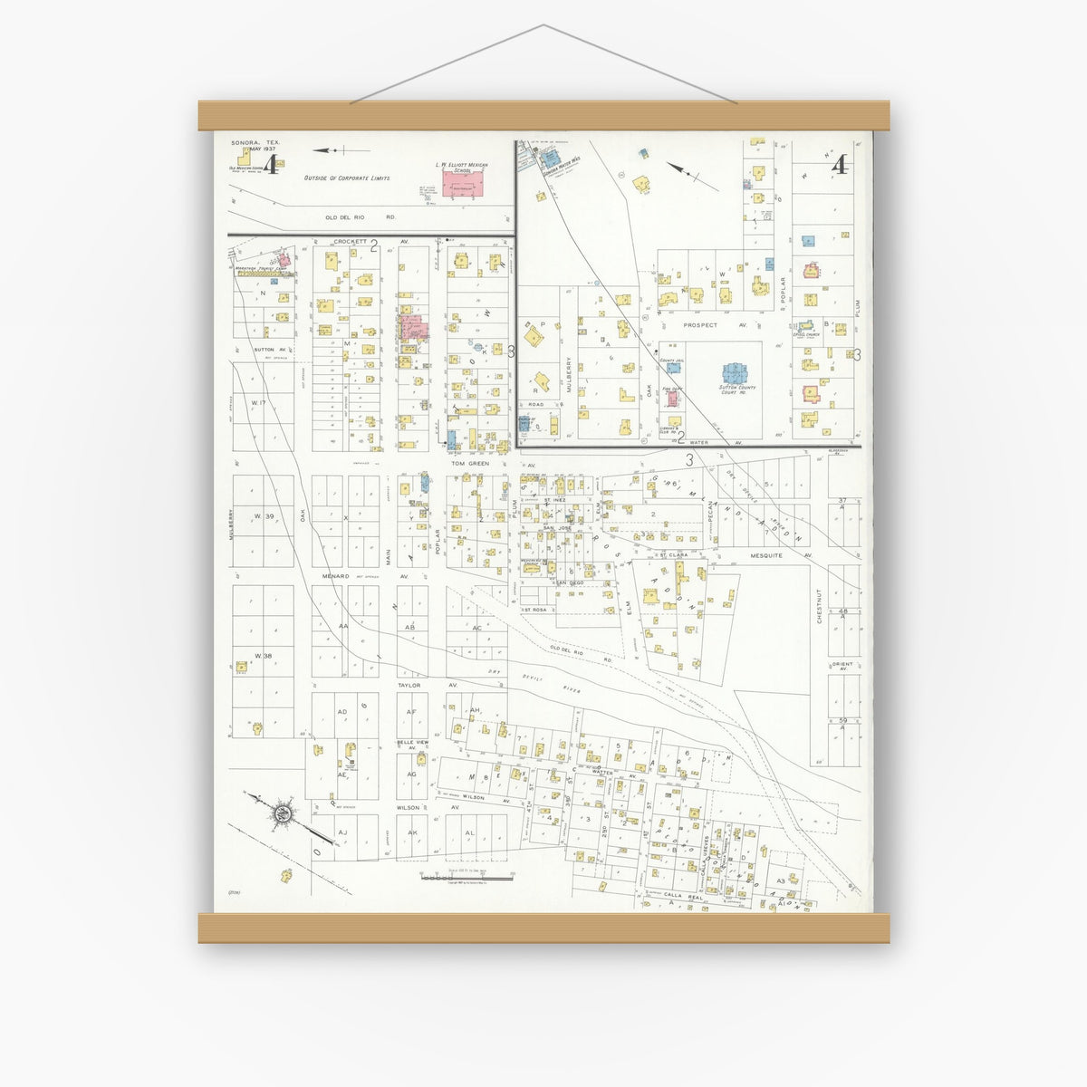 Old map wall art mockup — magnetic wood frame on white wall — Sanborn Fire Insurance Map from Sonora, Sutton County, Texas (1937), Sheet #0004