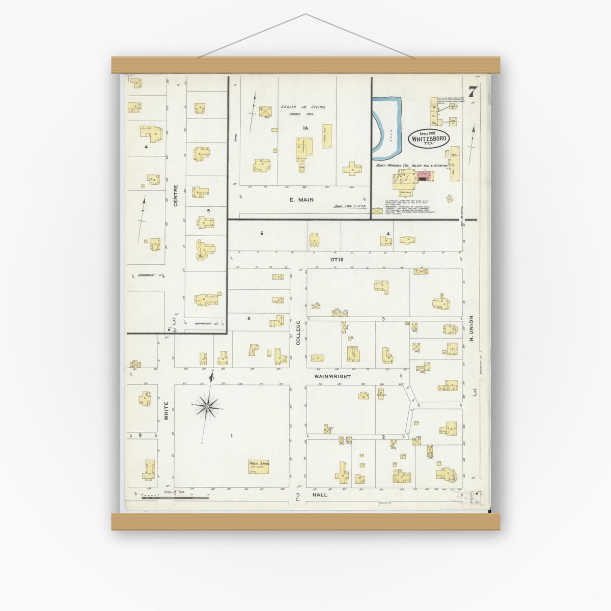 Old map wall art mockup — magnetic wood frame on white wall — Sanborn Fire Insurance Map from Whitesboro, Grayson County, Texas (1907), Sheet #0007