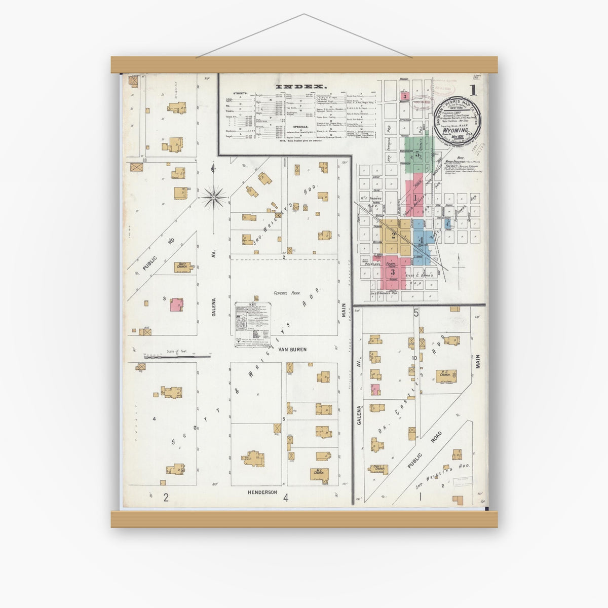 Old map wall art mockup — magnetic wood frame on white wall — Sanborn Fire Insurance Map from Wyoming, Stark County, Illinois (1899) - Complete Map Set