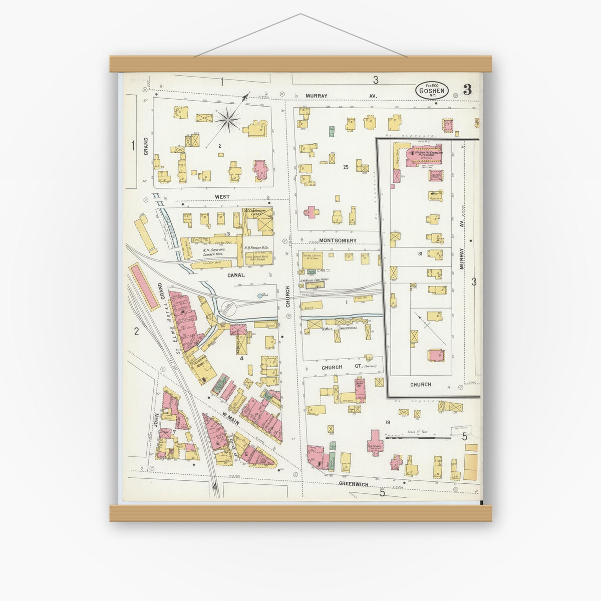 Old map wall art mockup — magnetic wood frame on white wall — Sanborn Fire Insurance Map from Goshen, Orange County, New York (1900), Sheet #0003