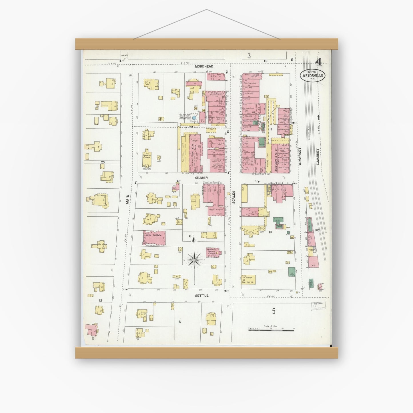 Old map wall art mockup — magnetic wood frame on white wall — Sanborn Fire Insurance Map from Reidsville, Rockingham County, North Carolina (1901), Sheet #0004