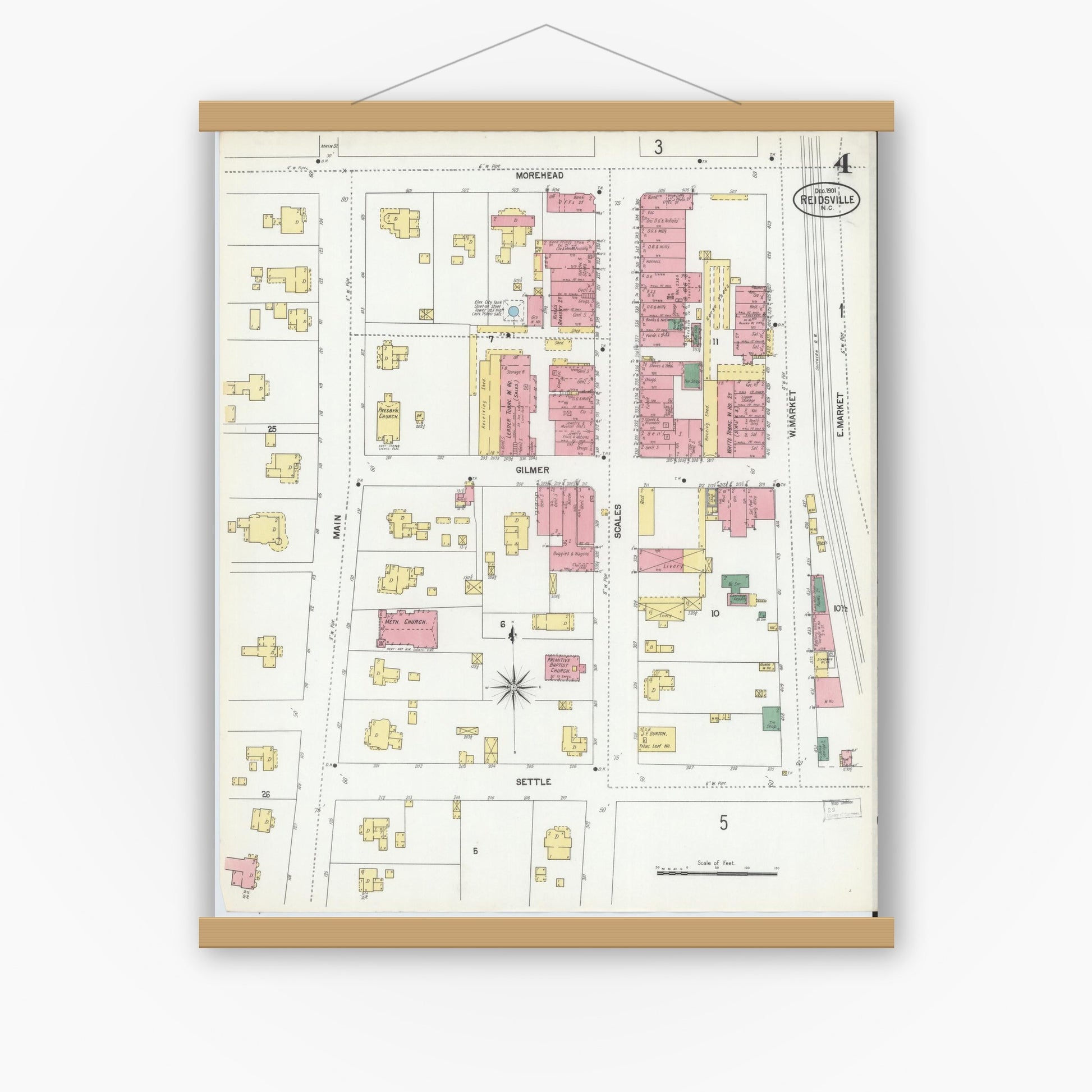 Old map wall art mockup — magnetic wood frame on white wall — Sanborn Fire Insurance Map from Reidsville, Rockingham County, North Carolina (1901), Sheet #0004