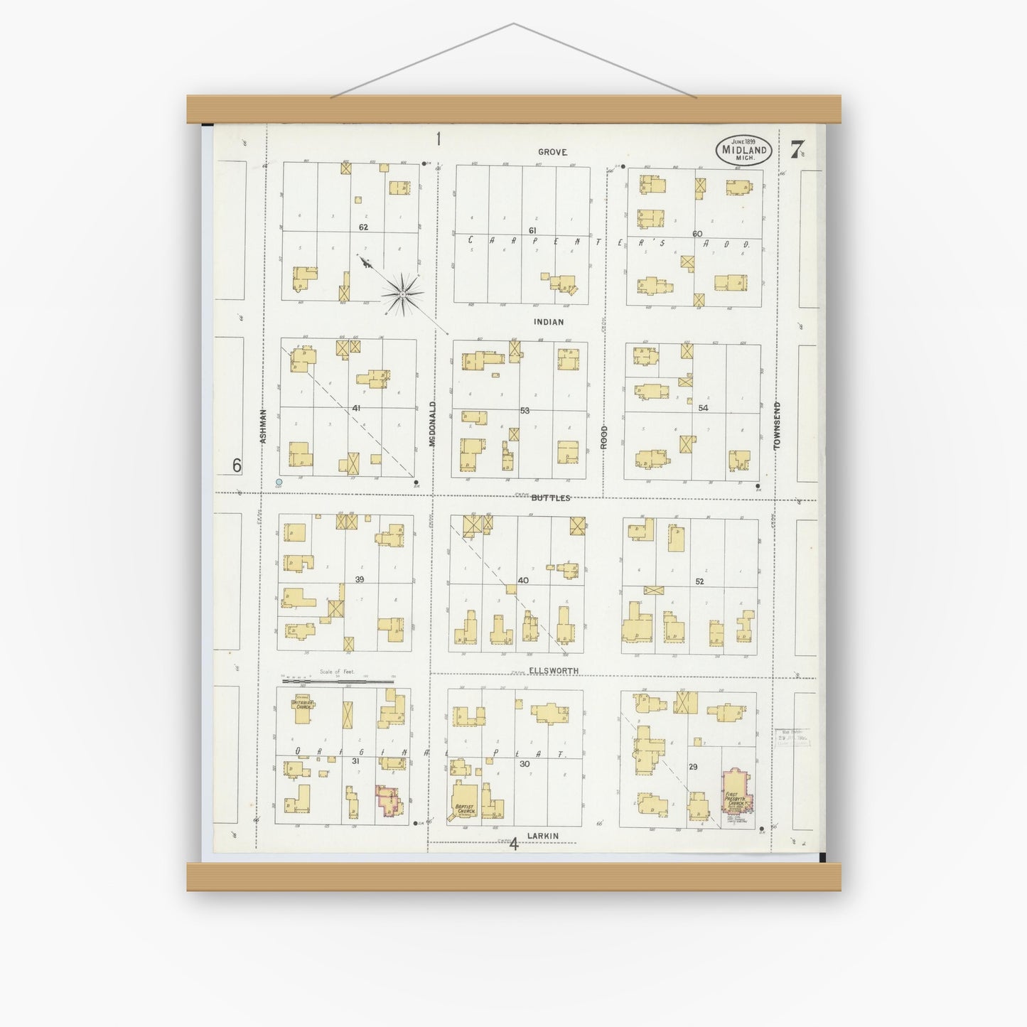 Old map wall art mockup — magnetic wood frame on white wall — Sanborn Fire Insurance Map from Midland, Midland County, Michigan (1899), Sheet #0007