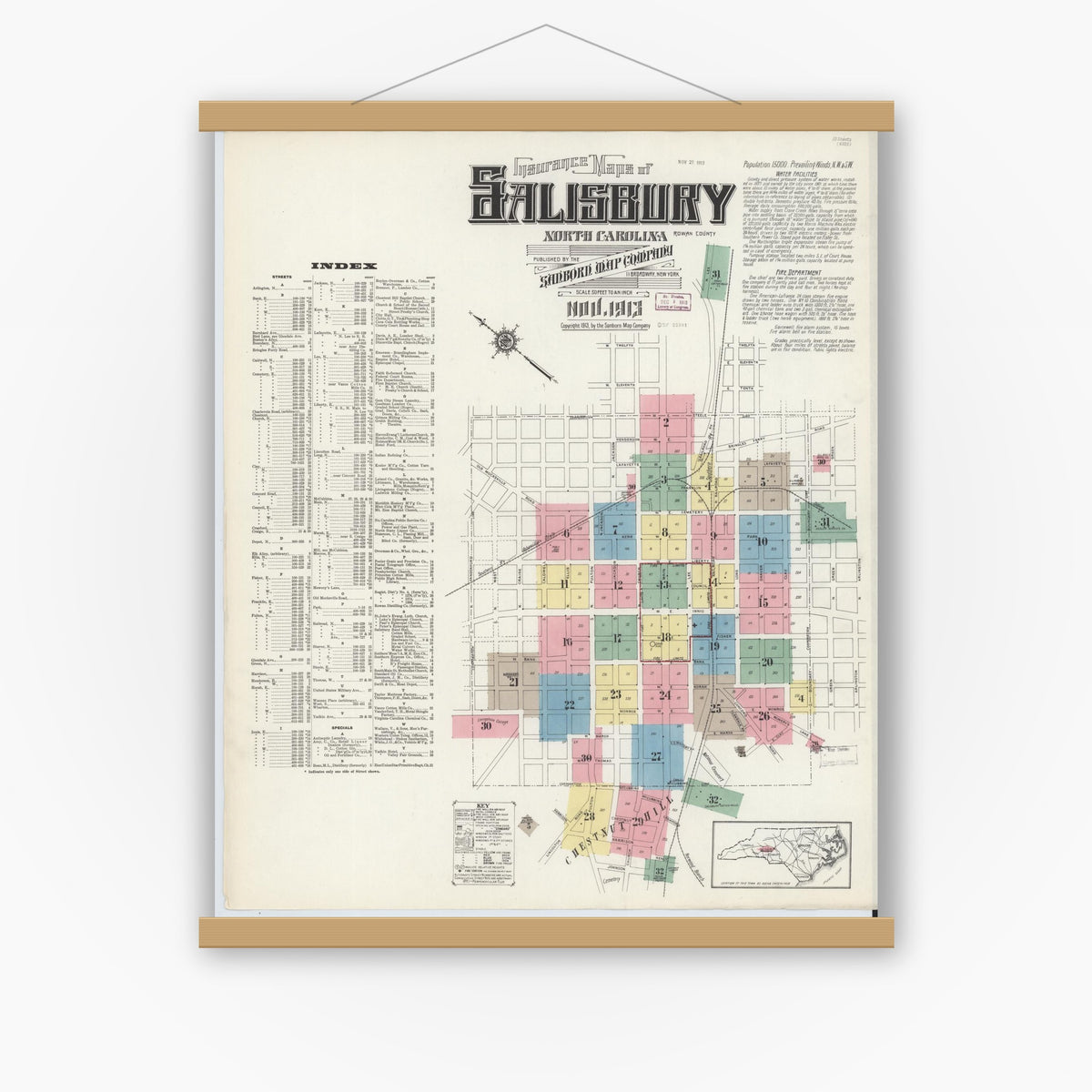 Old map wall art mockup — magnetic wood frame on white wall — Sanborn Fire Insurance Map from Salisbury, Rowan County, North Carolina (1913) - Complete Map Set