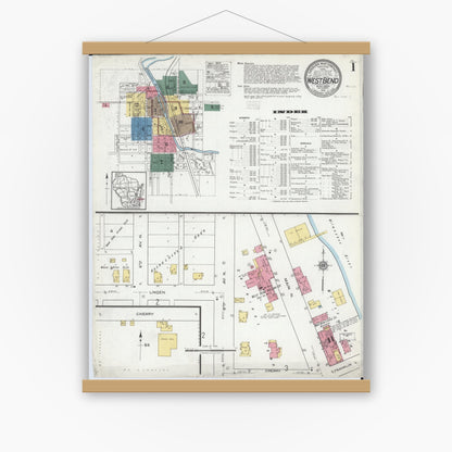 Old map wall art mockup — magnetic wood frame on white wall — Sanborn Fire Insurance Map from West Bend, Washington County, Wisconsin (1919), Sheet #0001