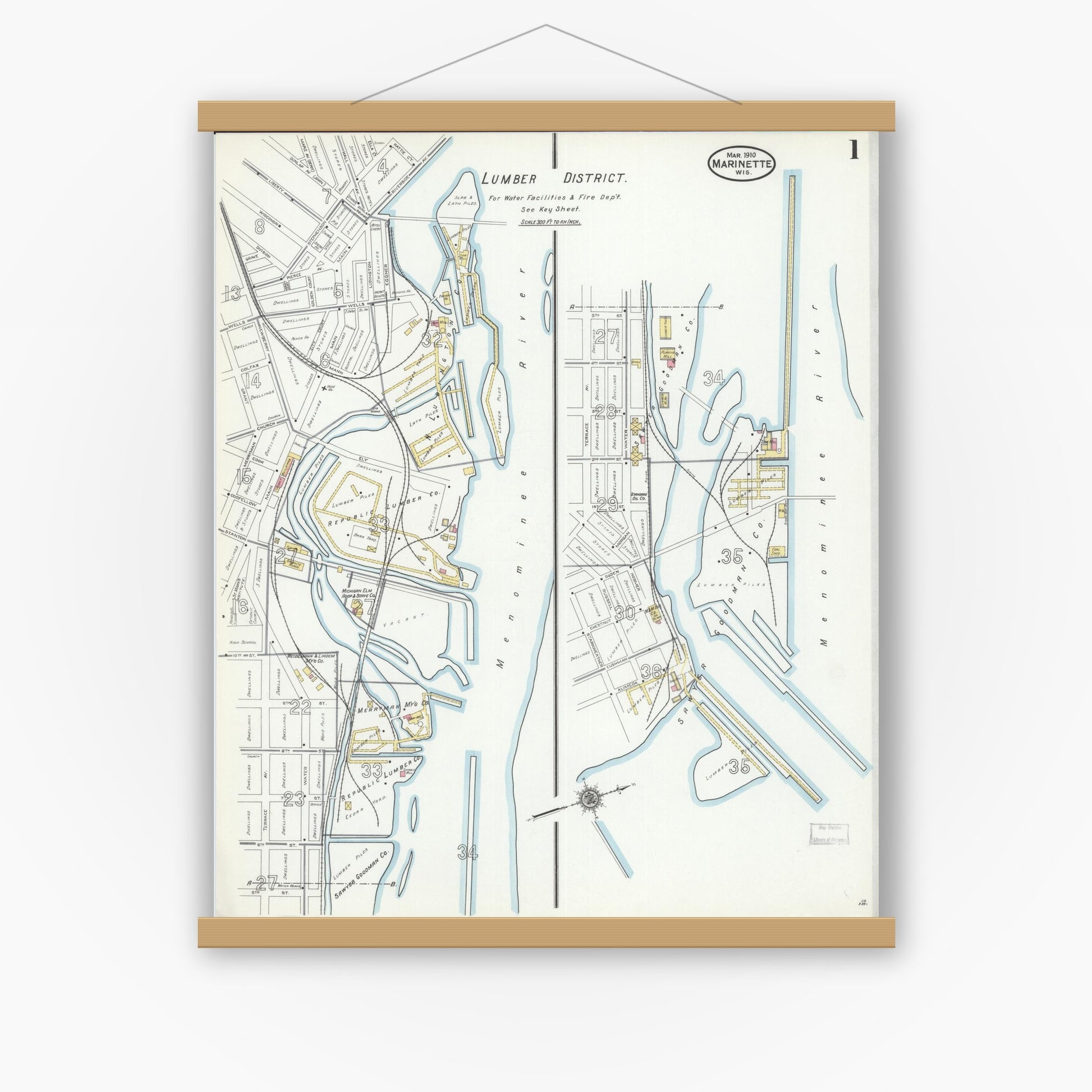 Old map wall art mockup — magnetic wood frame on white wall — Sanborn Fire Insurance Map from Marinette, Marinette County, Wisconsin (1910), Sheet #0001