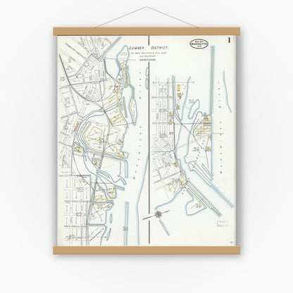 Old map wall art mockup — magnetic wood frame on white wall — Sanborn Fire Insurance Map from Marinette, Marinette County, Wisconsin (1910), Sheet #0001