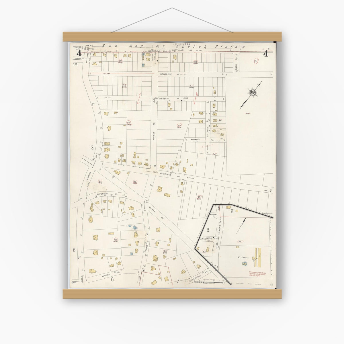Old map wall art mockup — magnetic wood frame on white wall — Sanborn Fire Insurance Map from Fanwood, Union County, New Jersey (1940), Sheet #0004