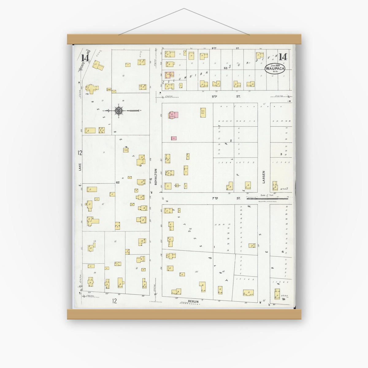 Old map wall art mockup — magnetic wood frame on white wall — Sanborn Fire Insurance Map from Waupaca, Waupaca County, Wisconsin (1924), Sheet #0014