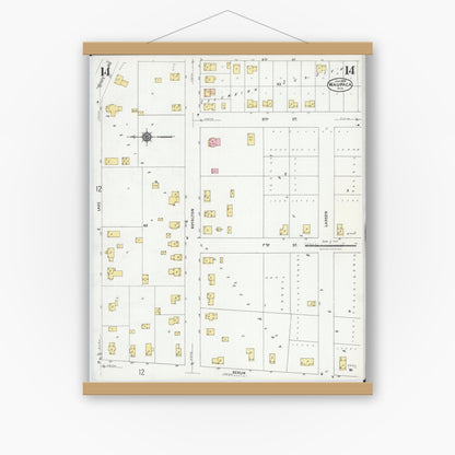 Old map wall art mockup — magnetic wood frame on white wall — Sanborn Fire Insurance Map from Waupaca, Waupaca County, Wisconsin (1924), Sheet #0014