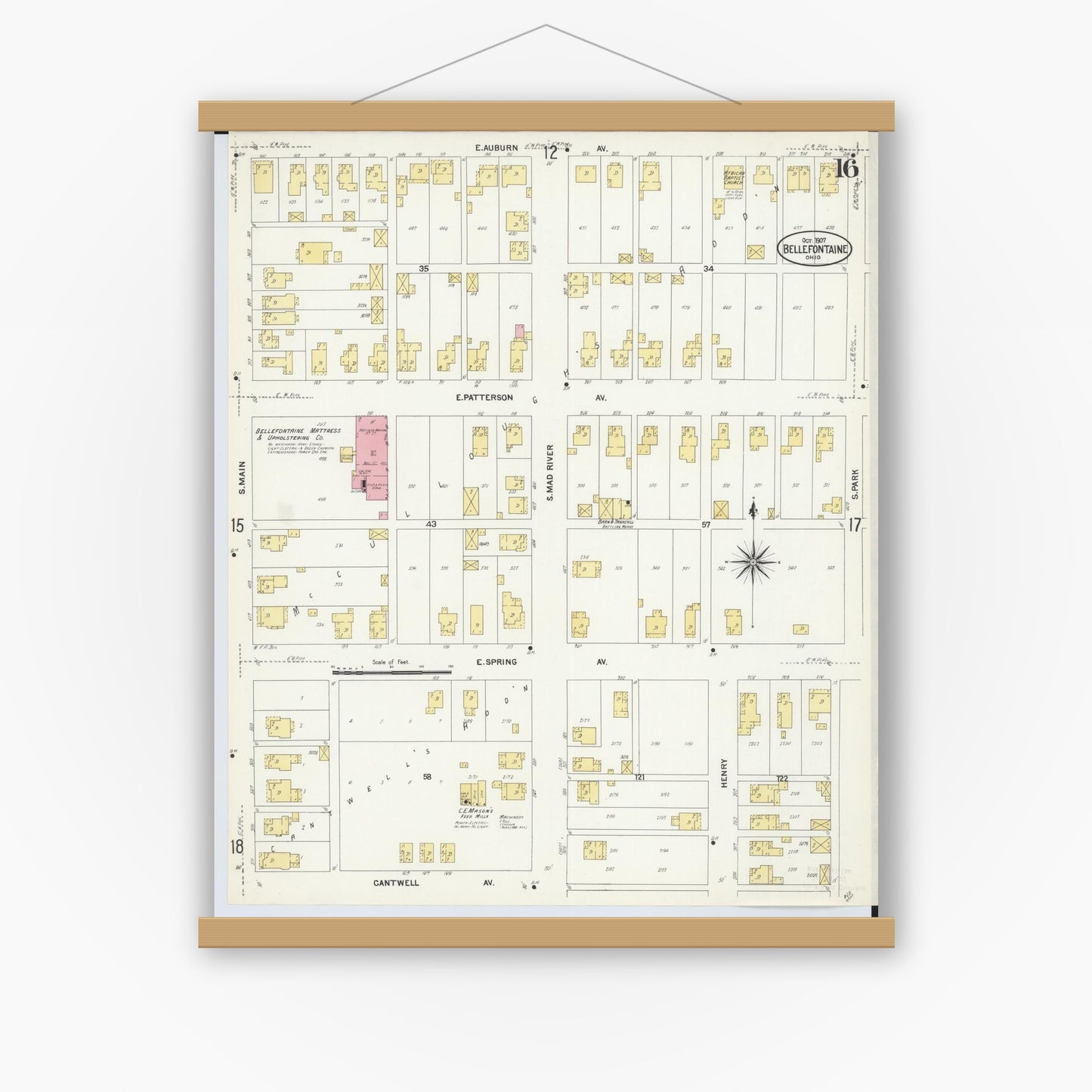 Old map wall art mockup — magnetic wood frame on white wall — Sanborn Fire Insurance Map from Bellefontaine, Logan County, Ohio (1907), Sheet #0016