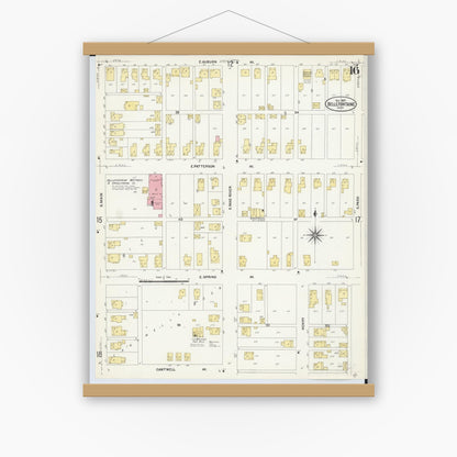Old map wall art mockup — magnetic wood frame on white wall — Sanborn Fire Insurance Map from Bellefontaine, Logan County, Ohio (1907), Sheet #0016