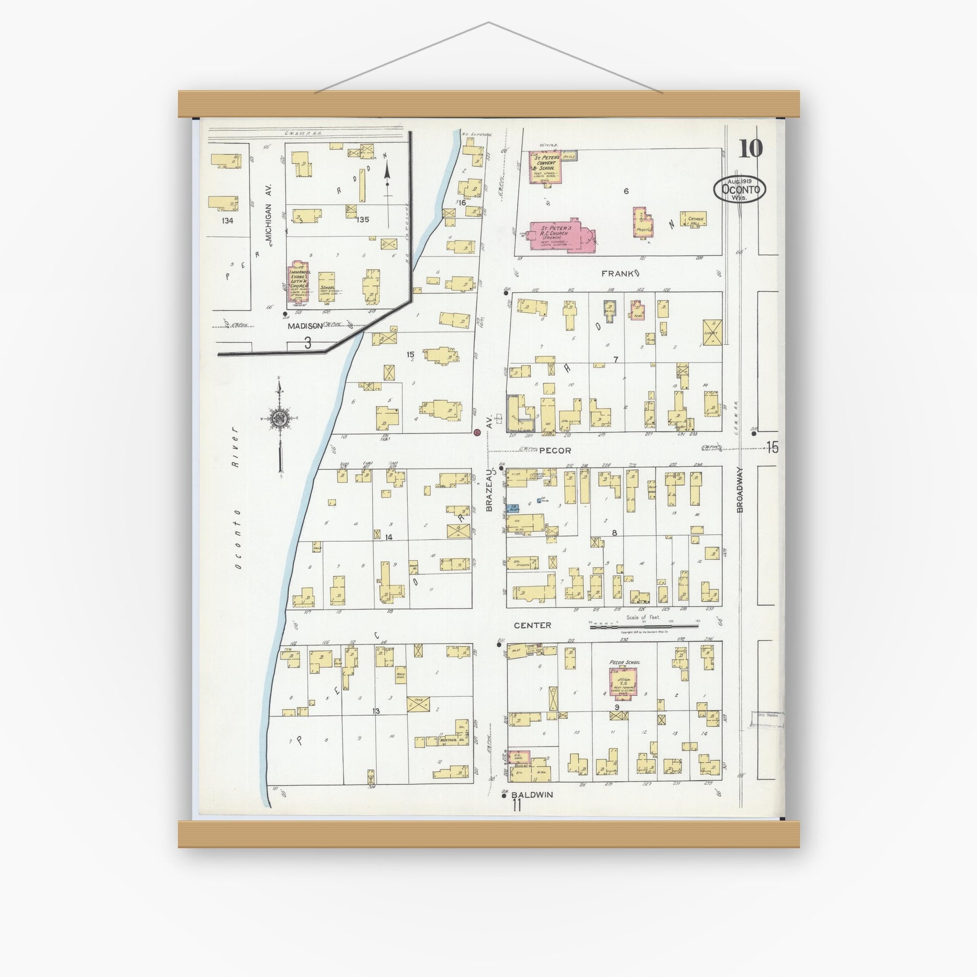 Old map wall art mockup — magnetic wood frame on white wall — Sanborn Fire Insurance Map from Oconto, Oconto County, Wisconsin (1919), Sheet #0010