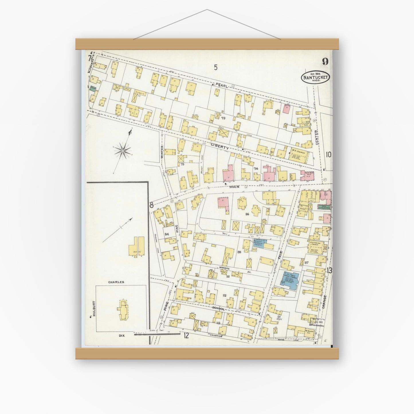Old map wall art mockup — magnetic wood frame on white wall — Sanborn Fire Insurance Map from Nantucket, Nantucket County, Massachusetts (1904), Sheet #0009