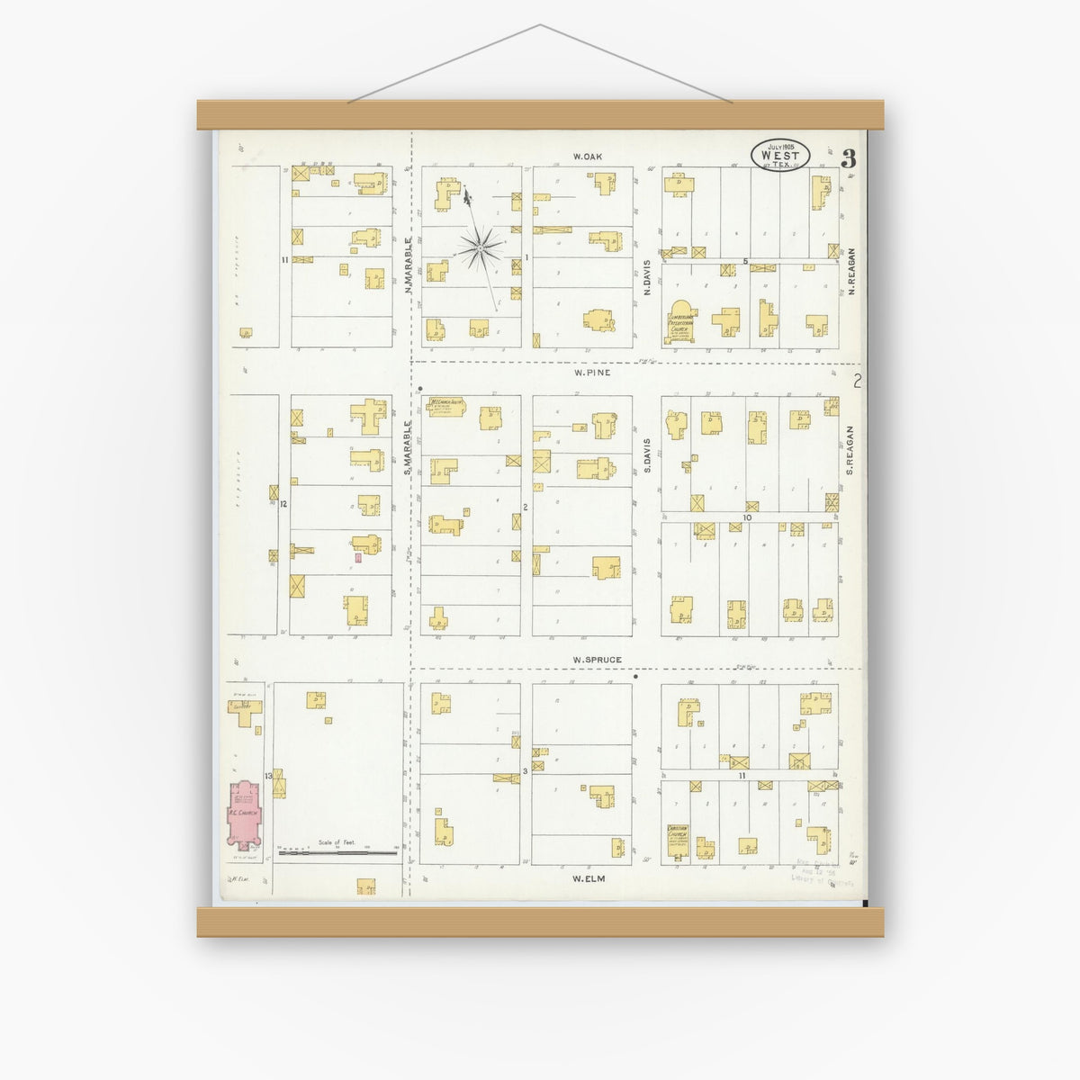 Old map wall art mockup — magnetic wood frame on white wall — Sanborn Fire Insurance Map from West, McLennan County, Texas (1905), Sheet #0003