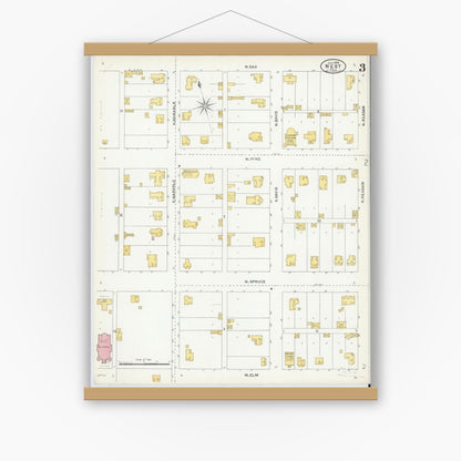 Old map wall art mockup — magnetic wood frame on white wall — Sanborn Fire Insurance Map from West, McLennan County, Texas (1905), Sheet #0003