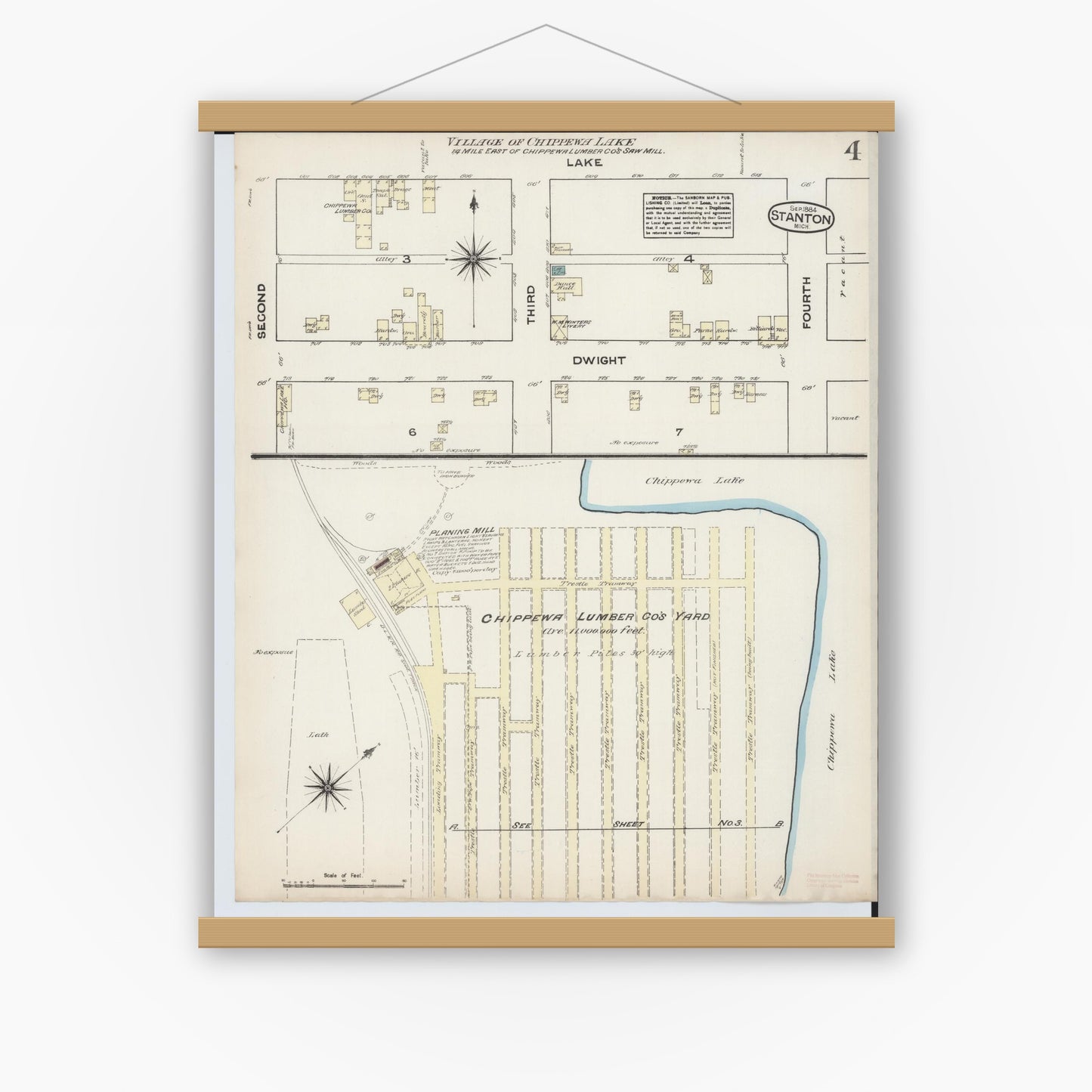 Old map wall art mockup — magnetic wood frame on white wall — Sanborn Fire Insurance Map from Stanton, Montcalm County, Michigan (1884), Sheet #0004