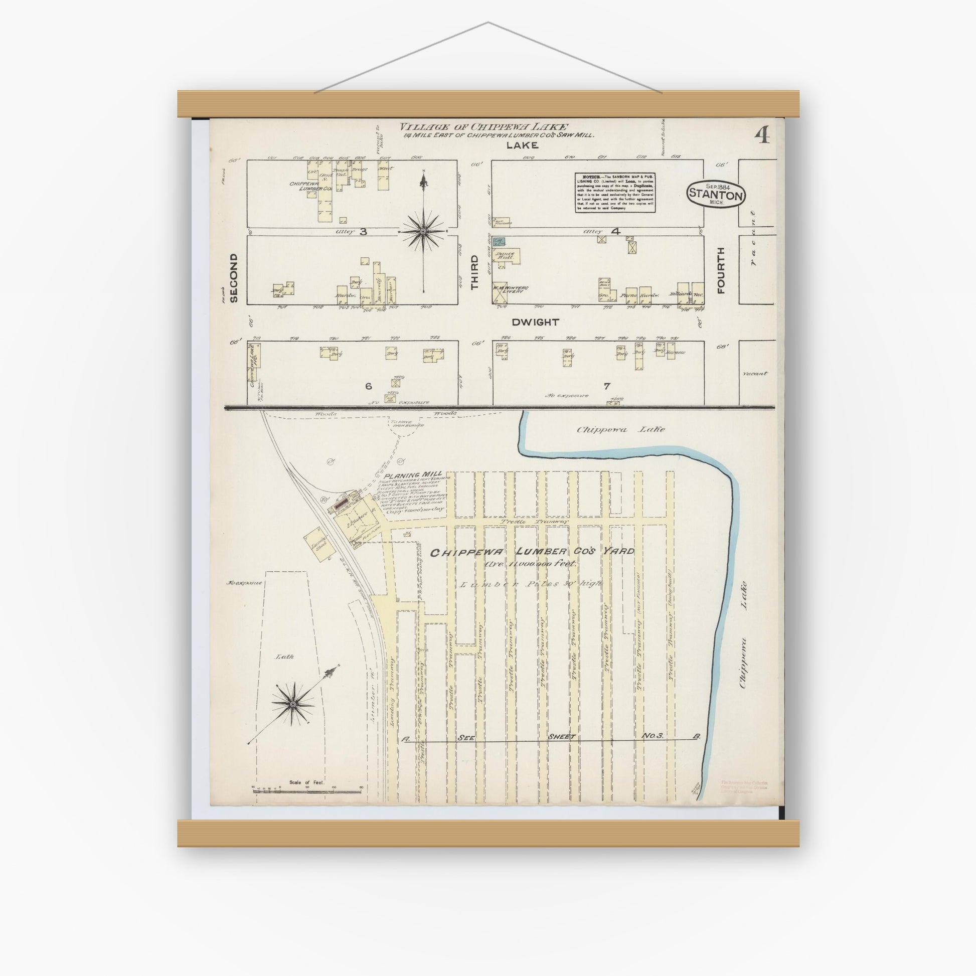 Old map wall art mockup — magnetic wood frame on white wall — Sanborn Fire Insurance Map from Stanton, Montcalm County, Michigan (1884), Sheet #0004