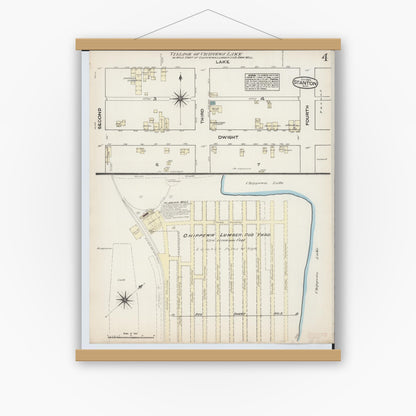 Old map wall art mockup — magnetic wood frame on white wall — Sanborn Fire Insurance Map from Stanton, Montcalm County, Michigan (1884), Sheet #0004