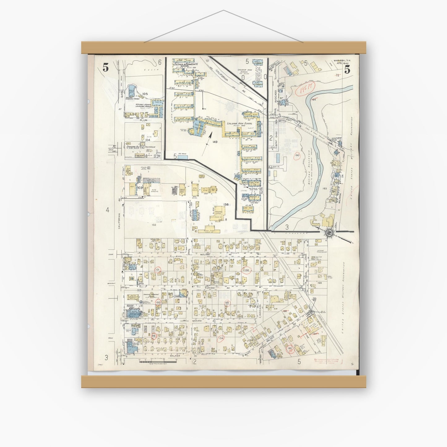 Old map wall art mockup — magnetic wood frame on white wall — Sanborn Fire Insurance Map from Wahiawa, Honolulu County, Hawaii (1957), Sheet #0005