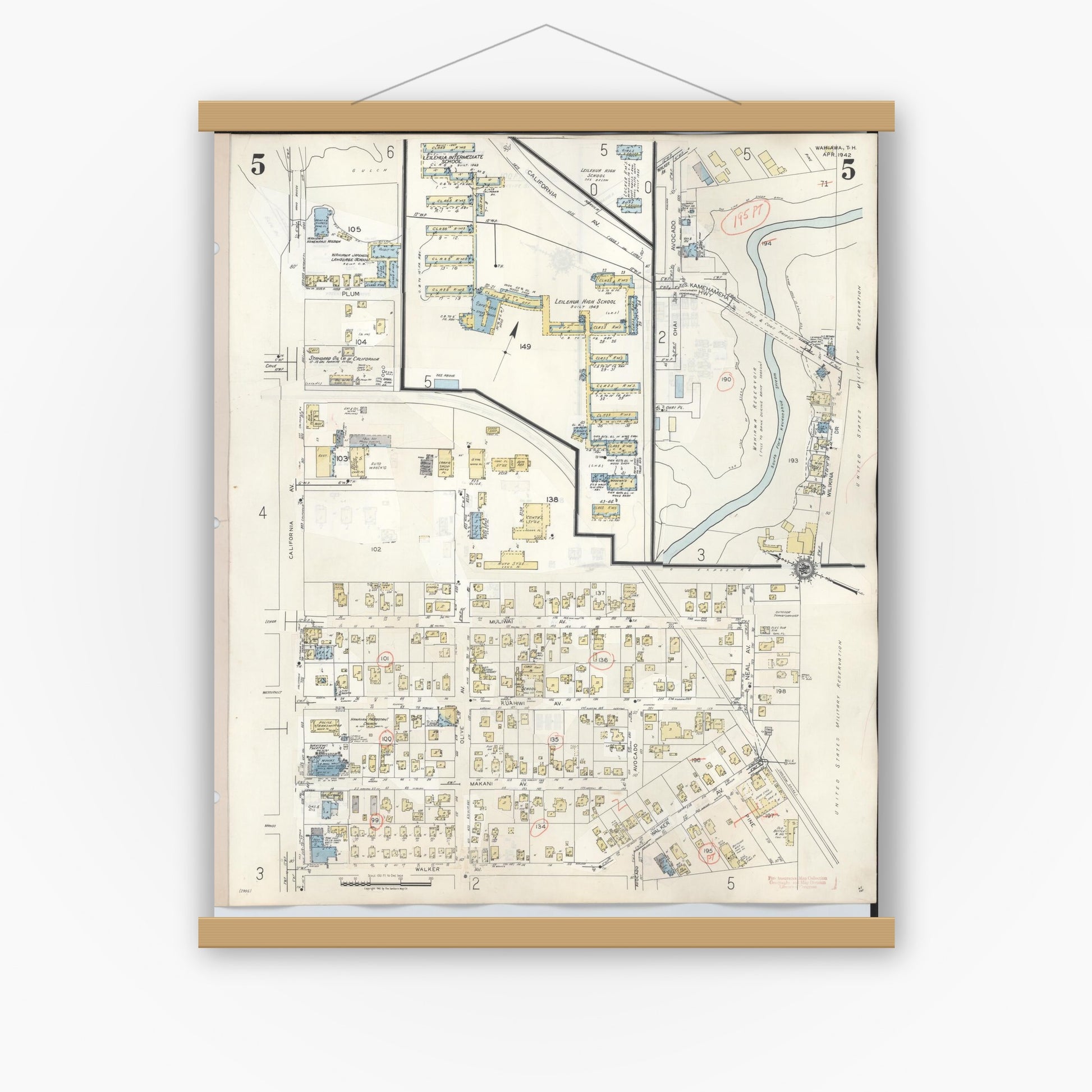Old map wall art mockup — magnetic wood frame on white wall — Sanborn Fire Insurance Map from Wahiawa, Honolulu County, Hawaii (1957), Sheet #0005