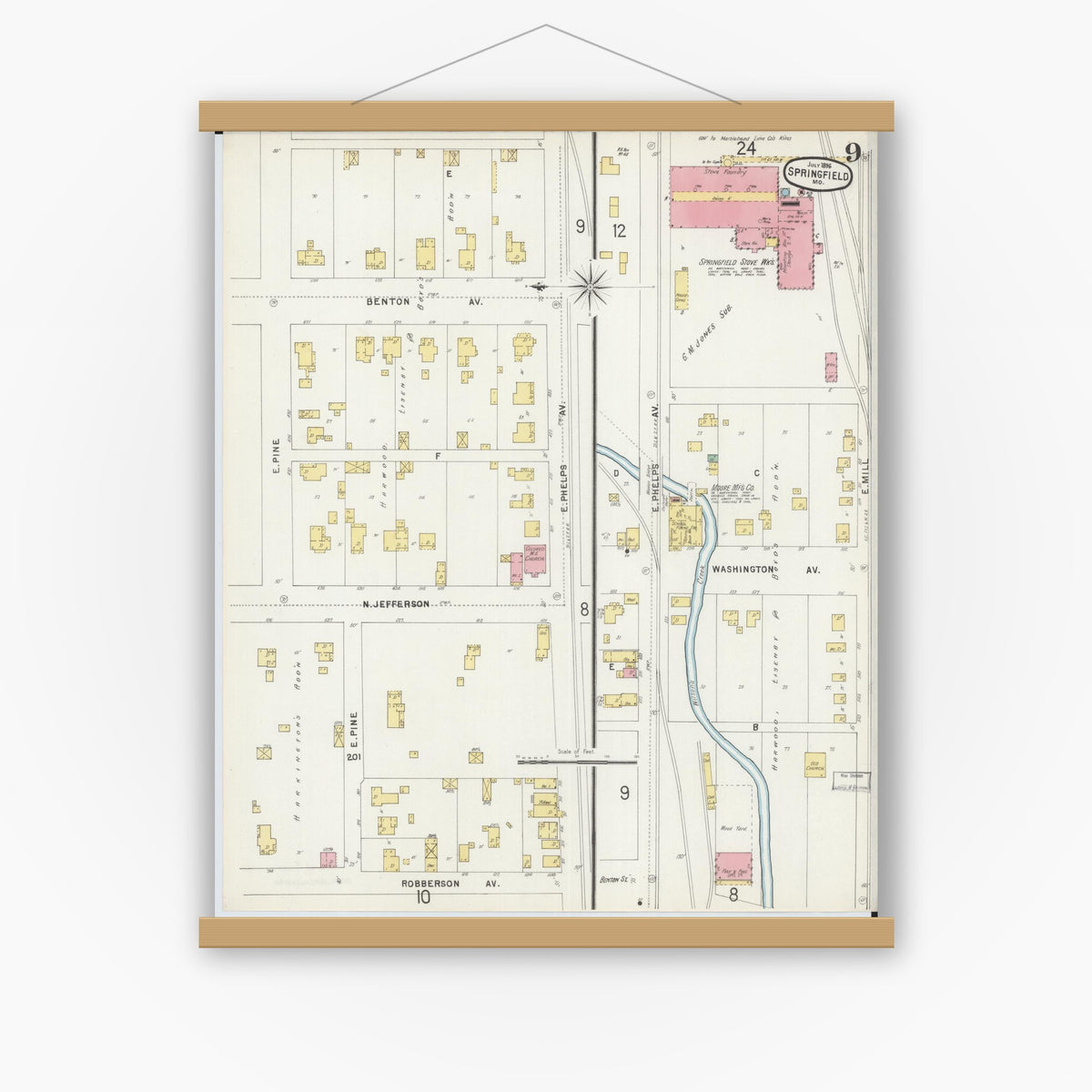 Old map wall art mockup — magnetic wood frame on white wall — Sanborn Fire Insurance Map from Springfield, Greene County, Missouri (1896), Sheet #0009