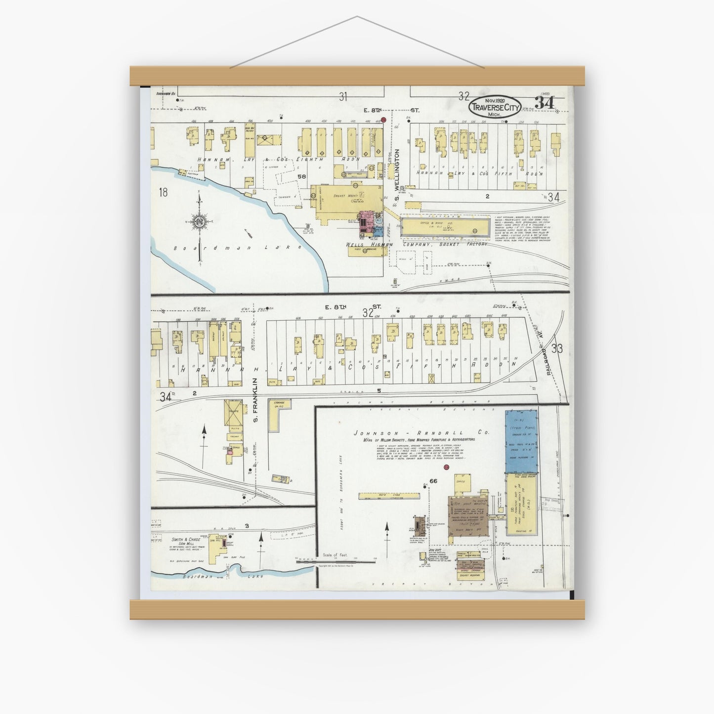 Old map wall art mockup — magnetic wood frame on white wall — Sanborn Fire Insurance Map from Traverse City, Grand Traverse County, Michigan (1920), Sheet #0034