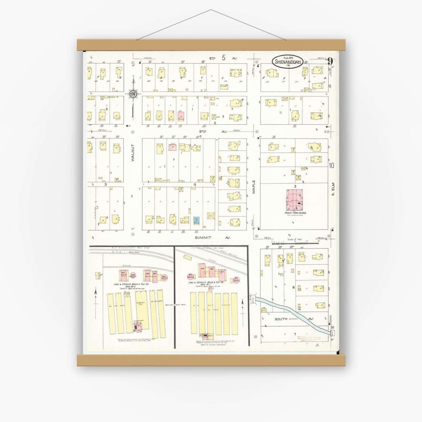 Old map wall art mockup — magnetic wood frame on white wall — Sanborn Fire Insurance Map from Shenandoah, Page County, Iowa (1914), Sheet #0009