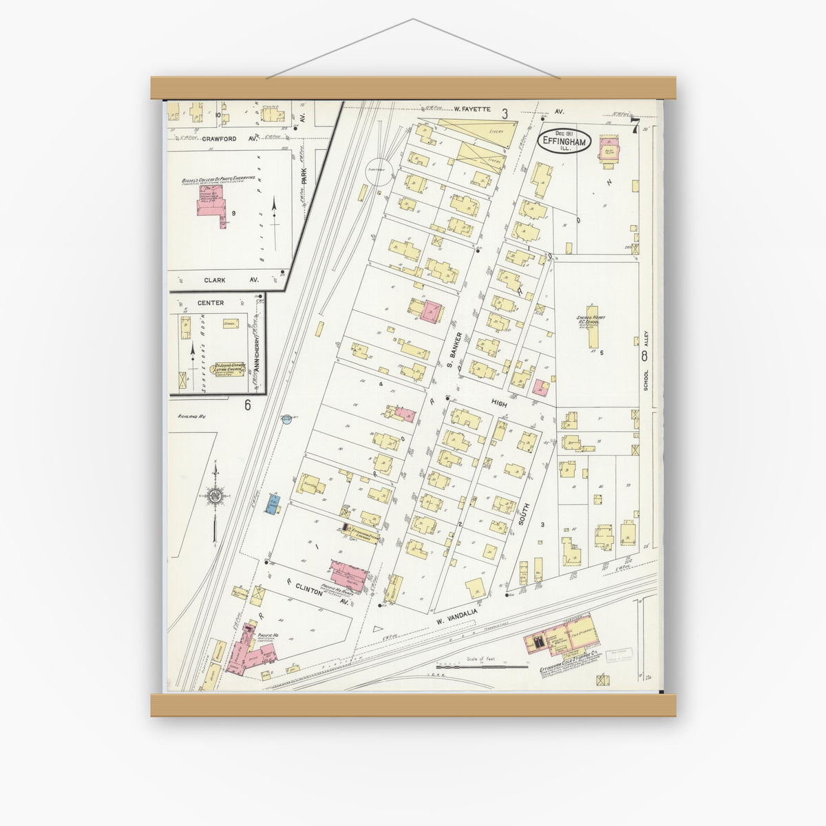 Old map wall art mockup — magnetic wood frame on white wall — Sanborn Fire Insurance Map from Effingham, Effingham County, Illinois (1911), Sheet #0007