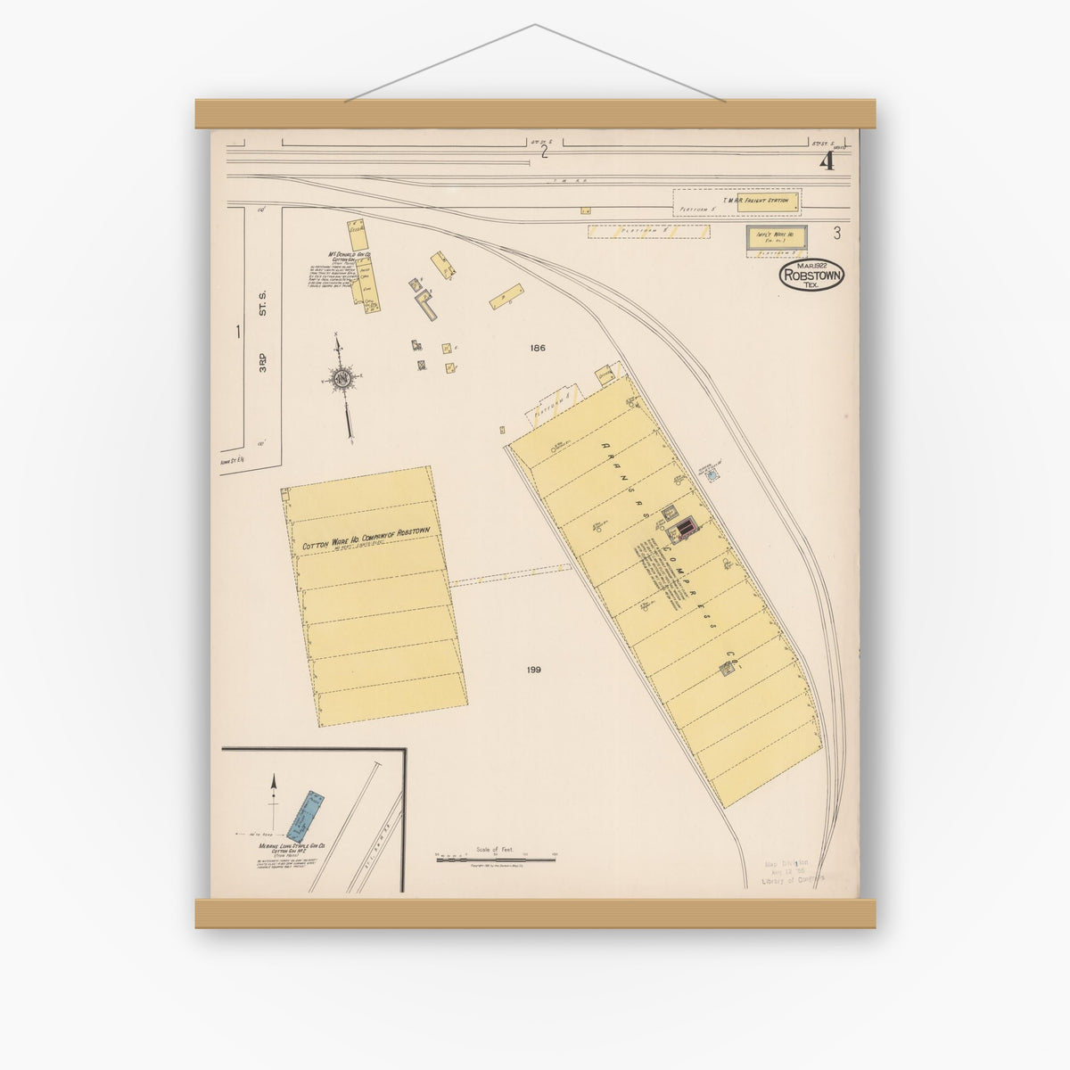 Old map wall art mockup — magnetic wood frame on white wall — Sanborn Fire Insurance Map from Robstown, Nueces County, Texas (1922), Sheet #0004
