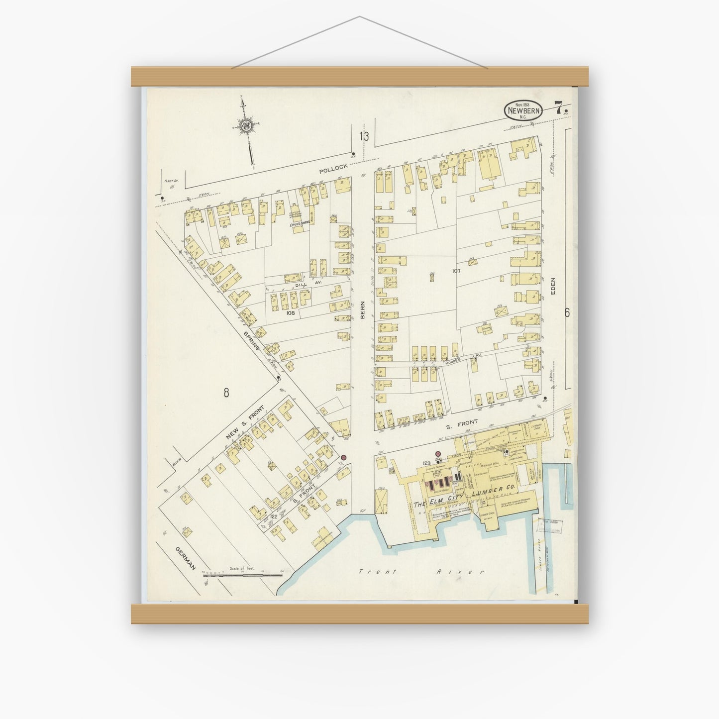 Old map wall art mockup — magnetic wood frame on white wall — Sanborn Fire Insurance Map from New Bern, Craven County, North Carolina (1913), Sheet #0007