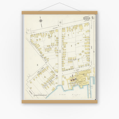 Old map wall art mockup — magnetic wood frame on white wall — Sanborn Fire Insurance Map from New Bern, Craven County, North Carolina (1913), Sheet #0007