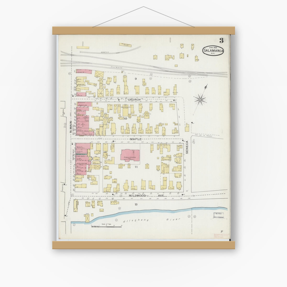 Old map wall art mockup — magnetic wood frame on white wall — Sanborn Fire Insurance Map from Salamanca, Cattaraugus County, New York (1893), Sheet #0003